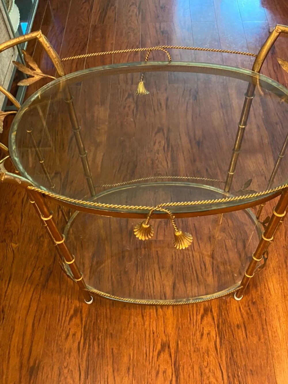 RARE Hollywood Regency Mid-century Italian Gilt Metal Rope and Tassel Bar Cart